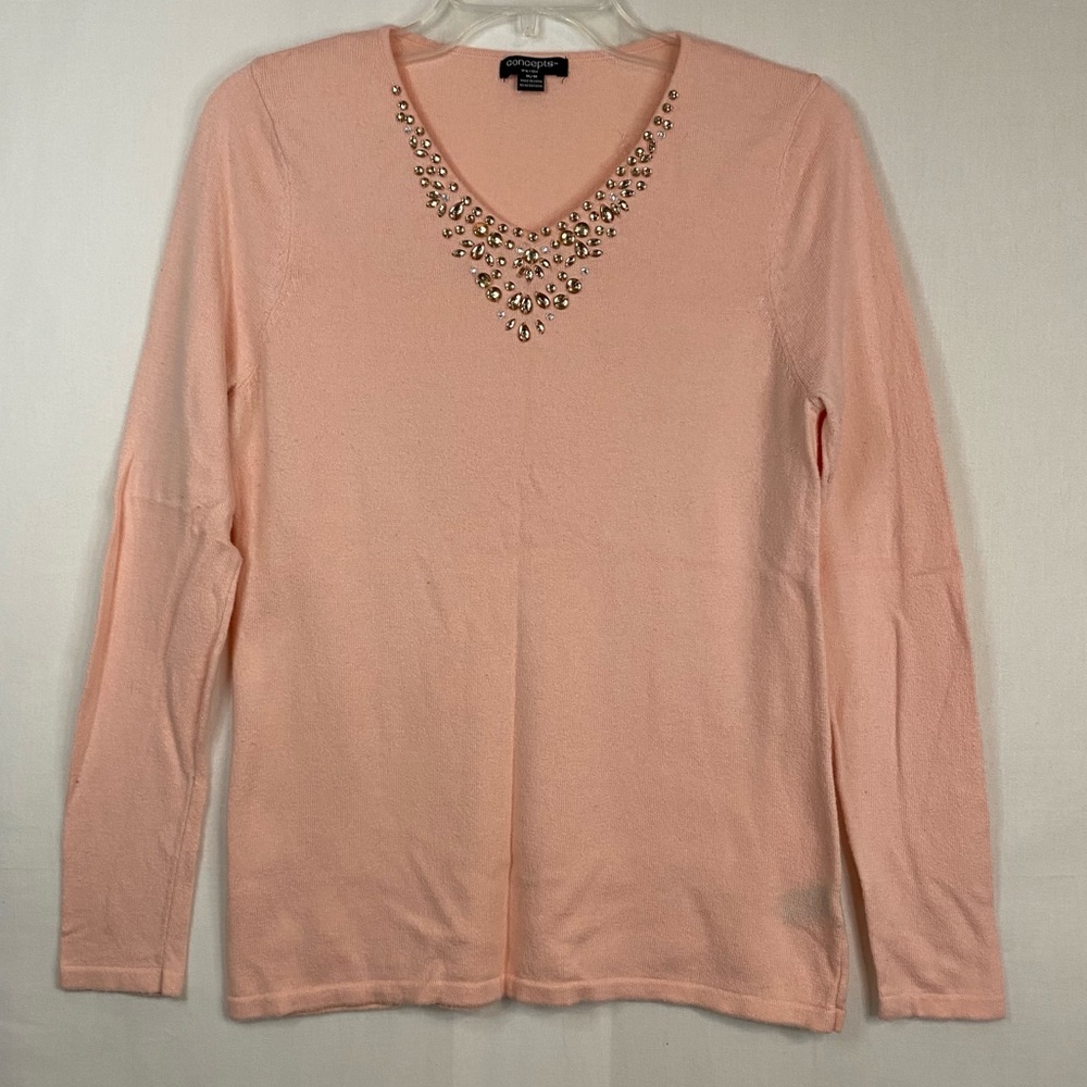 CONCEPTS Pink Rhinestone Bejeweled Sweater V Neck Light Baby Pink Size Medium